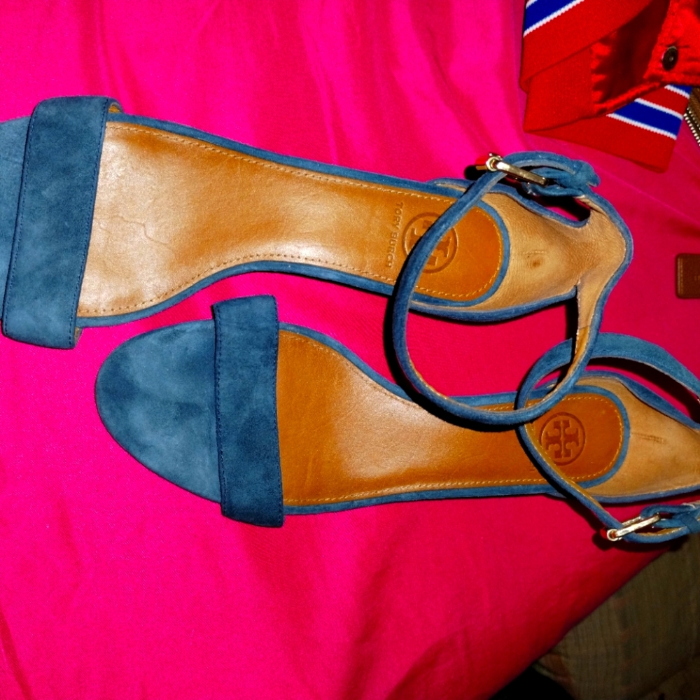 Tory Burch Savannah Suede & Cork Demi-Wedge Sandal Newport Navy sz9
